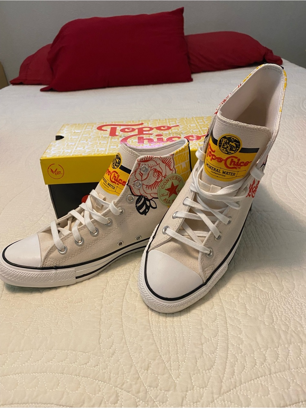 Converse Topo Chico New High-Top Sneakers in Natural with Yellow & Red Accents